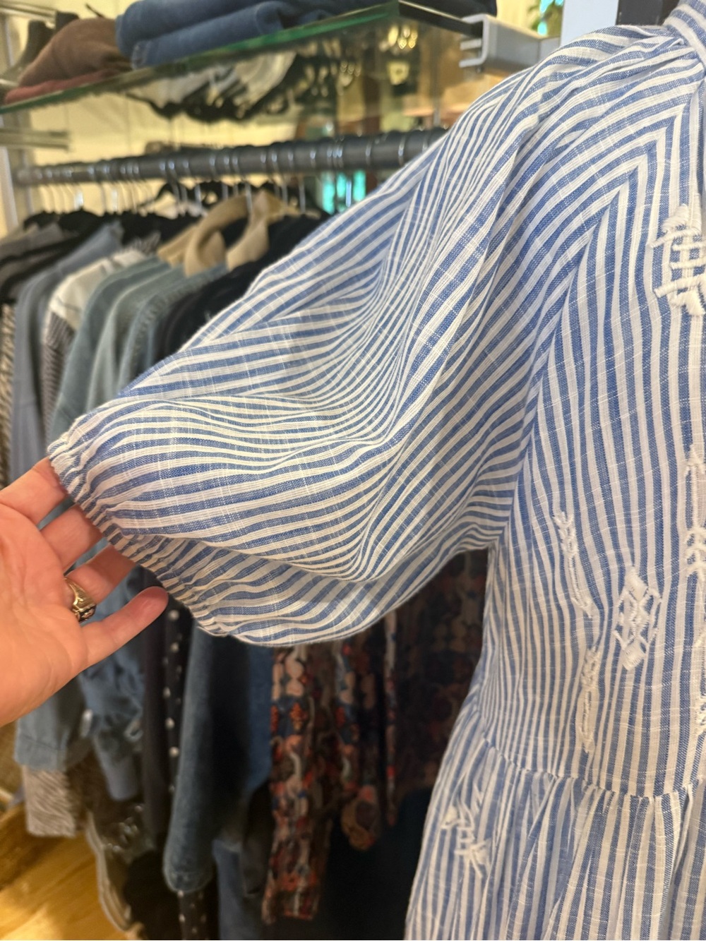 Kyla Seo Blue Striped Embroidered Maxi Dress - Puff Sleeve - Picture 4 of 11